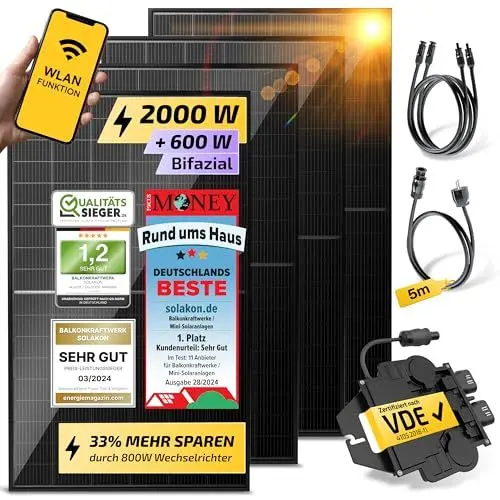 Produktbild: Solakon Balkonkraftwerk 2000W komplett Steckdose - Balkonkraftwerk 2000 Watt neuester Wechselrichter 800W - Solaranlage Komplettset mit 4x500W Solarpanel/Solar Panels mit 5m Kabel