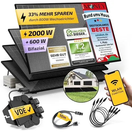 Produktbild: Solakon Balkonkraftwerk 2000W komplett Steckdose - Inklusive Halterung - Balkonkraftwerk 2000 Watt neuester Wechselrichter 800W - Solaranlage Komplettset mit 4x500W Solarpanel mit 10m Kabel