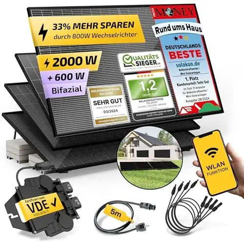 Produktbild: Solakon Balkonkraftwerk 2000W komplett Steckdose - Inklusive Halterung - Balkonkraftwerk 2000 Watt neuester Wechselrichter 800W - Solaranlage Komplettset mit 4x 500W Solarpanel mit 5m Kabel