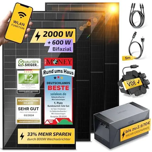 Produktbild: Solakon® 2000W Balkonkraftwerk mit Speicher - Balkonkraftwerk 2000 Watt komplett Steckdose & 800W Wechselrichter - Solaranlage Komplettset - 4x500W PV-Module & 1,6kWh Speicher für Balkonkraftwerk