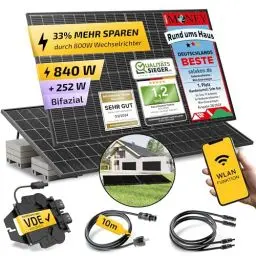 Produktbild: Solakon 900W Balkonkraftwerk mit Halterung (Flachdach) - Balkonkraftwerk 800W komplett Steckdose - 800 Watt Wechselrichter - Solaranlage Komplettset - 450W bifaziale Solarmodule inkl Zubehör 10m Kabel