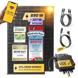 Produktbild: Solakon® 890W Balkonkraftwerk - Balkonkraftwerk 800W komplett Steckdose - neuester 800 Watt Wechselrichter - Solaranlage Komplettset - 445W bifaziale Solarmodule inkl. Zubehör - 10m Kabel