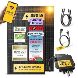 Produktbild: Solakon® 890W Balkonkraftwerk - Balkonkraftwerk 800W komplett Steckdose - neuester 800 Watt Wechselrichter - Solaranlage Komplettset - 445W bifaziale Solarmodule inkl. Zubehör - 5m Kabel