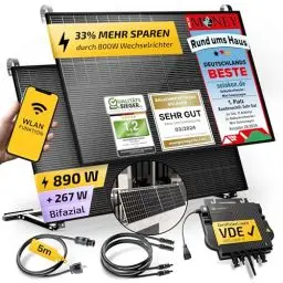 Produktbild: Solakon® 890W Balkonkraftwerk mit Halterung (Balkon) - Balkonkraftwerk 800W komplett Steckdose - neuester 800 Watt Wechselrichter - Solaranlage Komplettset - 445W bifaziale Solarmodule inkl. Zubehör