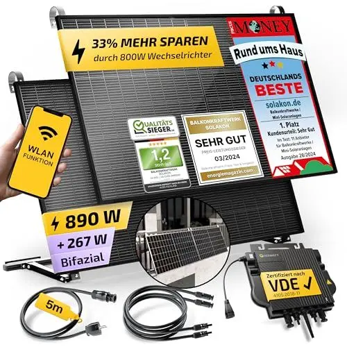 Produktbild: Solakon® 890W Balkonkraftwerk mit Halterung (Balkon) - Balkonkraftwerk 800W komplett Steckdose - neuester 800 Watt Wechselrichter - Solaranlage Komplettset - 445W bifaziale Solarmodule inkl. Zubehör