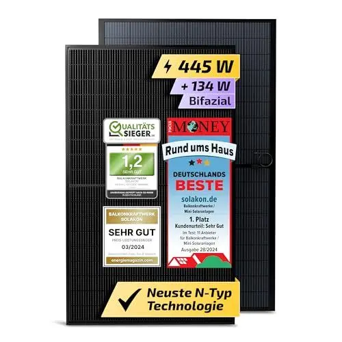 Produktbild: Solakon Solarmodul 445W, bifaziales monokristallines Solarpanel, 40v Photovoltaik Solarmodule/Solar Module für Balkonkraftwerk/Solaranlage 400w / 500w Solar Panel für Photovoltaik Komplettanlage