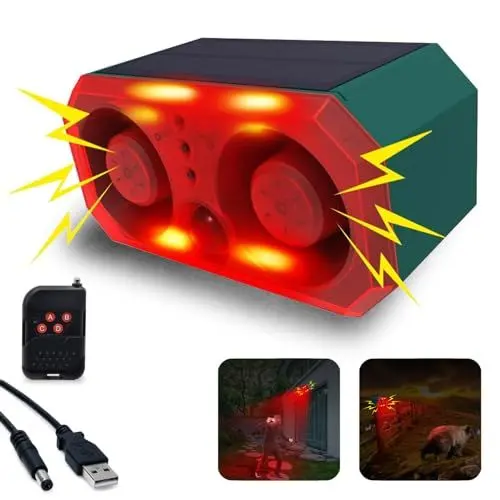 Produktbild: Solar Außen Bewegung ssensor Sirene - personalisierte Aufnahmesirene und Blitzlicht, 130 dB x 2 Lautsprecher, eingebaute 13 Soundmodi Hundegebell und Schüsse , geeignet für Hof, Bauernhof,