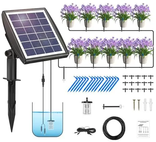Produktbild: Solar Bewässerungssystem,Tröpfchenbewässerung System,Automatische Tropfschlauch Bewässerungssystem,Urlaubsbewässerung mit Timer-Modi +15 M Schlauch für Garten, Balkon Pflanzen, Kübelpflanzen im Freien