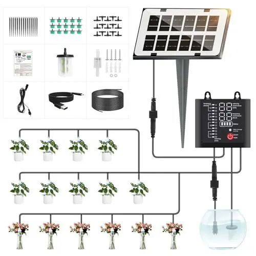 Produktbild: Solar Bewässerungssystem Garten, Automatische Bewässerung von Pflanzen - Blumen - Garten, 15 M Schlauch + 12 Timer Modi Tröpfchenbewässerung System für Balkon Pflanzen, Kübelpflanzen im Freien