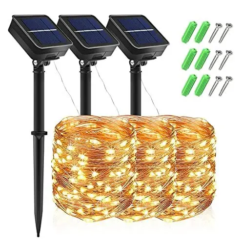 Produktbild: Solar Lichterkette Aussen, 3er-Set Solar Lichterkette aus Kupferdraht, 300 warmweiße LEDs, 8 Modi, 12m Solar Lichterketten IP65 Wasserdicht für Weihnachten, Garten, Balkon, Hochzeit, Terrasse, Party