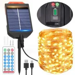 Produktbild: Solar Lichterkette Aussen mit Typ-C-Ladeanschluss,30M 300 LED Kupferdraht Solarlichterkette für Außen mit 13 Modi,Fernbedienung&Timer,IP65 Wasserdicht Solar Lichterkette Außen für Garten&Party Deko