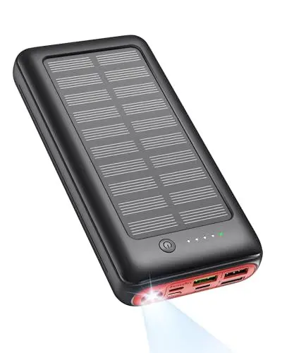 Produktbild: Solar Power Bank 27000mAh USB C Schnell Aufladende Powerbank, SCP 22,5W PD 20W Schnellladung Externer Akku, Tragbares Ladegerät für iPhone Samsung Huawei Camping Outdoor Rot