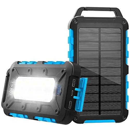 Produktbild: Solar Powerbank 20000mAh, Tragbare Solar Ladegerät USB C Externer Akku Outdoor Wasserdichtes Power Bank Solarpanel mit LED-Licht und 2 Outputs Akku Ladegerät für Smartphones Tablets und mehr, Blau
