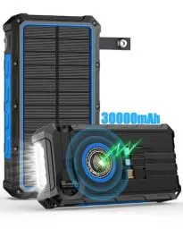 Produktbild: Solar Powerbank 30000mAh mit Handkurbel & Kabel, Wireless Power Bank Outdoor wasserdichtes Solarzelle 15W Schnellladung 6 Ausgänge 4 Eingänge, Taschenlampe, Solarladegerät für Handy