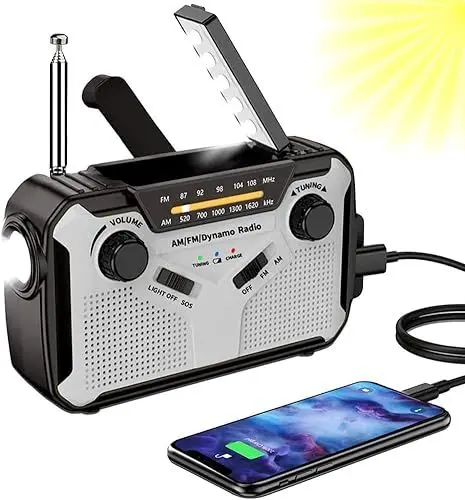 Produktbild: Solar Radio, AM/FM Tragbar Kurbelradio Dynamo Notfallradio mit 4000mAh Wiederaufladbare Batterie, Led Taschenlampe, SOS-Alarm für Camping, Ourdoor, Notfall (Grey)
