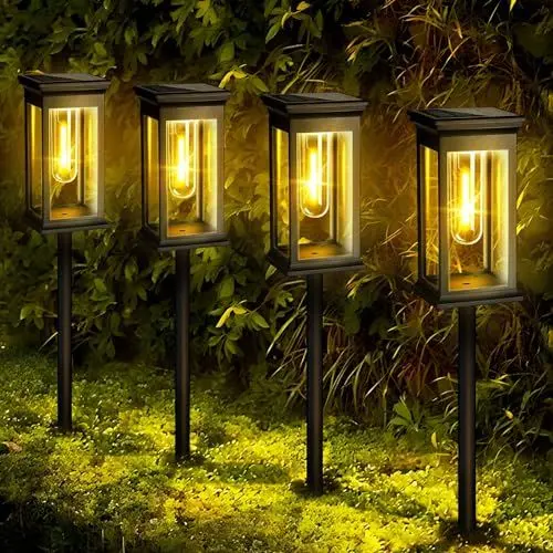 Produktbild: Solarlampen für Außen Garten, 4 Pack Moderne Garten Solarleuchten , Automatisches EinAus Solar Gartenleuchten, Warmweißes IP65 Wassserdicht Solar Garten Deko für Rasen, Terrasse, Hof, Geschenke
