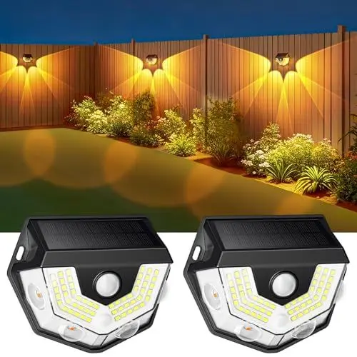 Produktbild: Solarlampen für Außen mit Bewegungsmelder, 2 Stück Super Helle Solar Wandleuchte Aussen Garten 3 Modi IP65 Wasserdicht Solarleuchten Außen für Garten Zaun Hof Wand, Warmes und Weißes Licht
