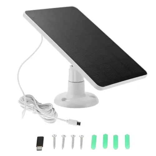 Produktbild: Solarpanel für Überwachungskamera, 5 V, 4 W, Micro-USB- und USB-C-Anschluss, Solarpanel für Kabellose Outdoor-Überwachungskamera, IP65 Wasserdichtes Solarladegerät, 360° (Weiss)
