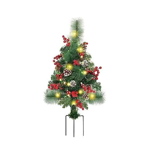Produktbild: Solar-Weihnachtsbaumbeleuchtung, Weihnachtsbaum-Rasenbeleuchtung, Metallbaum-Gartenstecker, Vorbeleuchtete Weg-Weihnachtsbäume mit 20 LED-Lichtern, Rote Beeren, Tannenzapfen, Rote(Batteriekasten-1St)