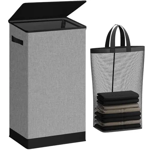 Produktbild: SOLEDI 100L Wäschekorb mit Deckel Grau und Wäschesack - Wäschesammler schmal Für Badezimmer, Schlafzimmer, Wäschekammer, Kinderzimmer, Eigentumswohnungen, laundry baskets, Faltbar Wäschebox
