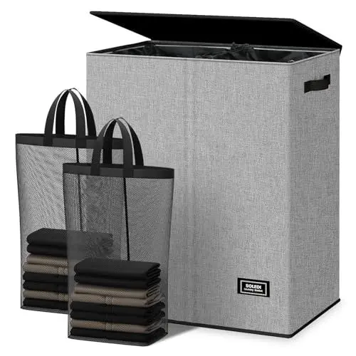 Produktbild: SOLEDI 145L Wäschekorb, Wäschesammler 2 fächer mit Deckel und 2 Wäschesack - Wäschesortierer Groß XXXL Für Badezimmer, Schlafzimmer, Wäschekammer, Kinderzimmer - 2 x 72.5L Grau