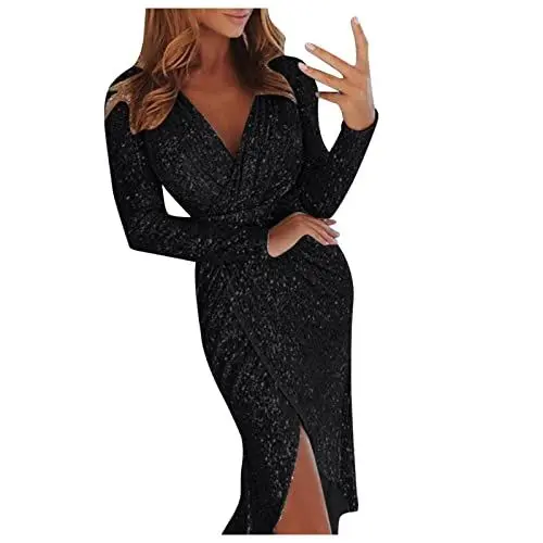 Produktbild: Solides, langärmeliges, glitzerndes Kleid mit V-Ausschnitt für Damen und sexy Abendessenkleid Kleid Damen Größe 52 (A-Black, XL)