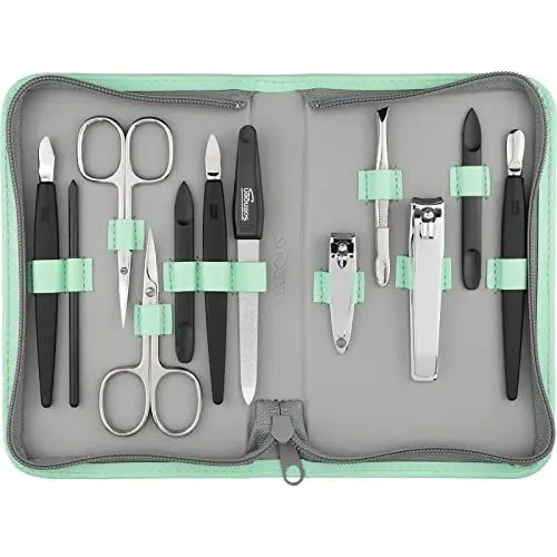 Produktbild: Solingen Manikür Set 12 teilig - Nagelset Herren und Damen mit allem was man für die Maniküre und Pediküre braucht, in hochwertigem Kunstleder Etui