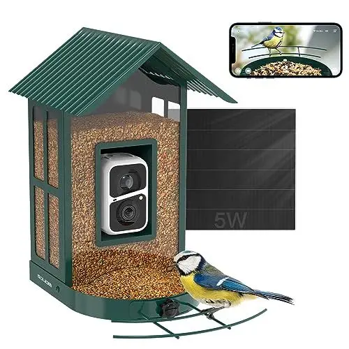 Produktbild: SOLIOM BF08 Vogelhaus mit Kamera,Vogelfutterspender für den Hinterhof, Vogelfutterhaus mit Video Aufnehmen,WiFi Kamera Smart Vogelfutterautomat mit Solarpanel Stromversorgung & KI-Vogelerkennung
