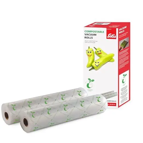 Produktbild: Solis kompostierbare Vakuumierrollen 30 x 600 cm für Vakuumierer, 2 Rollen für Vakuumbeutel zum Kochen, Zuschneidbare und wiederverwendbare Vakuumierfolie, Ideal für Sous Vide, Transparent
