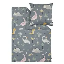 Produktbild: s.Oliver Kinderbettwäsche Dino 135x200 cm - 100% Baumwolle, praktischer Reißverschluss & maschinenwaschbar, Bettwäsche für Kinder 2tlg. Dinosaurier grau