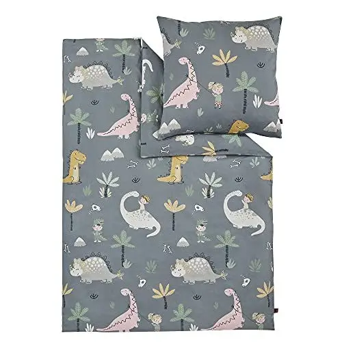 Produktbild: s.Oliver Kinderbettwäsche Dino 135x200 cm - 100% Baumwolle, praktischer Reißverschluss & maschinenwaschbar, Bettwäsche für Kinder 2tlg. Dinosaurier grau