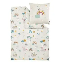 Produktbild: s.Oliver Kinderbettwäsche Einhorn 135x200 cm - 100% Baumwolle, praktischer Reißverschluss & maschinenwaschbar, Bettwäsche für Kinder Regenbogen 2tlg. bunt