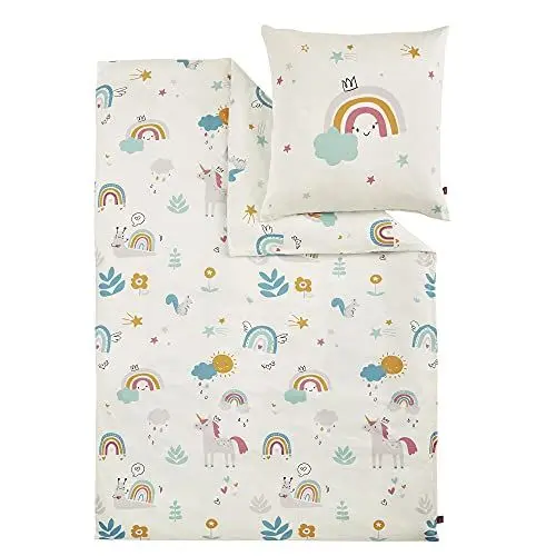 Produktbild: s.Oliver Kinderbettwäsche Einhorn 135x200 cm - 100% Baumwolle, praktischer Reißverschluss & maschinenwaschbar, Bettwäsche für Kinder Regenbogen 2tlg. bunt