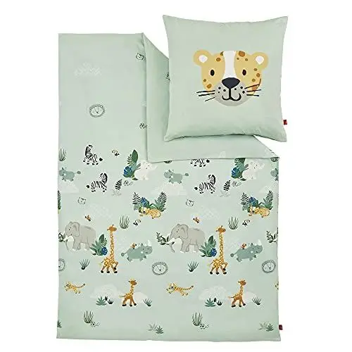 Produktbild: s.Oliver Kinderbettwäsche Tiere 100x135 cm - 100% Baumwolle, praktischer Reißverschluss & maschinenwaschbar, Bettwäsche für Kinder 2tlg. Zootiere hellgrün