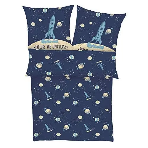 Produktbild: s.Oliver Kinderbettwäsche Universum 135x200 cm - 100% Baumwolle, praktischer Reißverschluss & maschinenwaschbar, Bettwäsche für Kinder Astronaut & Rakete 2tlg. blau