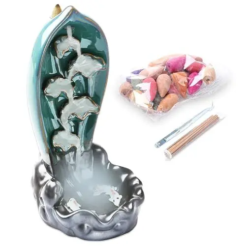 Produktbild: Sølmo Wasserfall Räucherstäbchenhalter - 52-teiliges Set inkl. Tablett, 20 Räucherstäbchen, 30 Räucherkerzen und Pinzette - Ideal für Aromatherapie und Wohnkultur - Töpferei und Schwarze Keramik