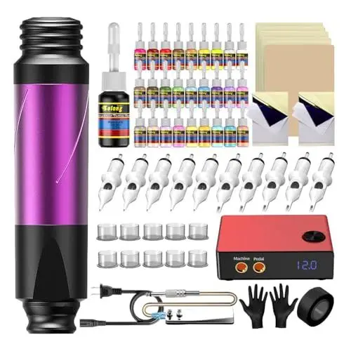 Produktbild: Solong Tattoo-Exklusivset Innovative Hybridmaschine, CE-zertifizierte Nadeln, vielfältige Tinten und umfassendes Zubehör - inklusive Garantie Temporäre Tattoos