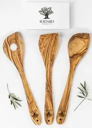 Produktbild: SOLTAKO Küchen-Set, Olivenholz-Kochen, hochwertige Kochlöffel, Antihaft-Küchenutensilien mit Spatel, Küchenhelfer, Kochgeschirr-Set – hitzebeständiges Werkzeug-Set – Länge: 30,5 cm (3-teiliges Set)