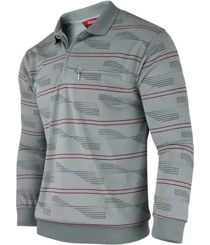 Produktbild: Soltice Herren Langarm Poloshirt mit Brusttasche, Polohemd mit kariert, Gestreiftem Kragen, Blousonshirt aus Baumwoll-Mix (M bis 3XL) (M, (M5) Slategray)