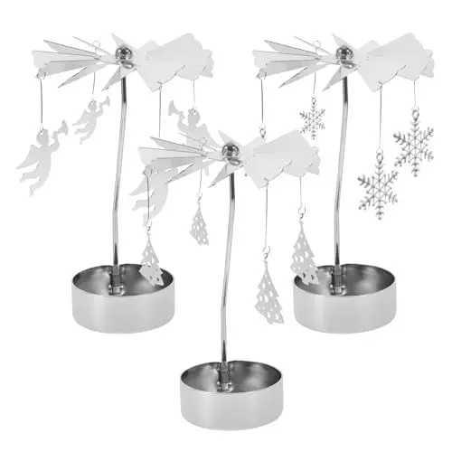 Produktbild: SOLUSTRE 3 Stücke Weihnachten Rotierenden Kerzenhalter Karussell Teelichthalter Engel Schneeflocke Figur Kerzenständer Windlichthalter für Weihnachten Xmas Esstisch Tischdeko