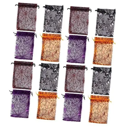 Produktbild: SOLUSTRE 50 Stück Halloween Tasche Bonbonhalter Halloween-süßigkeitshalter Halloween-beutel Mit Kordelzug Süßes Oder Saures Für Kinder Kleiner Organzabeutel Geschenktasche Gittergewebe