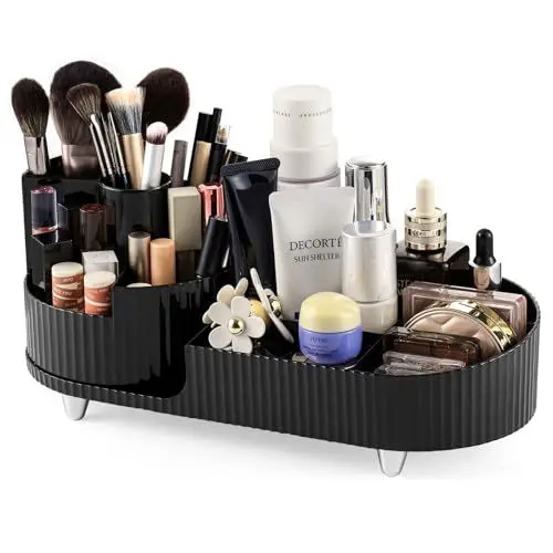 Produktbild: SOLVIEW Make Up Kosmetik Organizer, Skincare Organizer Schminktisch 360° Drehbar und Fach 2-in-1, Makeup Organizers Zur Aufbewahrung von Kosmetika, Hautpflegeprodukten, Pinsel, usw- Schwarz