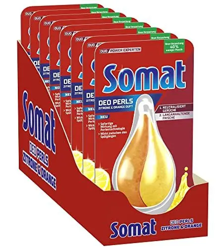 Produktbild: Somat Deo Perls Geschirrspüler Deo Zitrone & Orange (60 Spülgänge), Spülmaschinen Deo zur Geruchsneutralisierung für einen frischen Geschirrspüler Duft (8x17g)