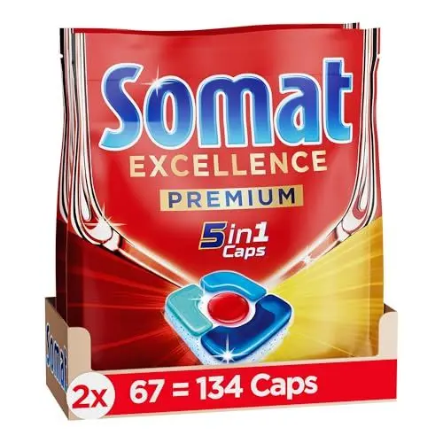 Produktbild: Somat Excellence Premium 5in1 Caps (134 Caps), schnellauflösende Spülmaschinentabs mit Extra Boost, Somat Caps entfernen selbst 72 h eingetrocknete, hartnäckige Essensreste