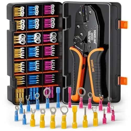 Produktbild: SOMELINE® Crimpzange Kabelverbinder Set, 21 Arten (0,34-6mm²) Kabelschuhe Set, Stoßverbinder, Schrumpfverbinder für Kabelhülsen Krimpzange, Crimpzangen, Crimp Zange, Presszange, Kabelschuh Zange Set