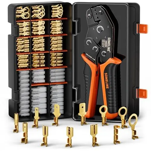 Produktbild: SOMELINE® Crimpzangen Set, 12 Arten (0,25-2,5mm²) Flachsteckhülsen Set, Flachsteckhülsenzange, Spade Steckverbinder Krimpzange, Crimpzangen Tool, Crimp Zange, Crimpwerkzeug, Crimp Tool, Presszange