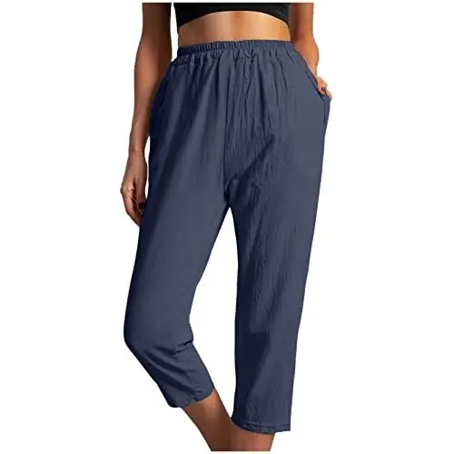 Produktbild: Sommer 3/4 Hose Damen Leinen Baumwolle Stoffhose Leicht Atmungsaktiv Yogahose Einfarbig Lässig Leinenhose Weites Bein Hosen mit Taschen Sommerhose Luftig Bequem Sporthose für Frauen