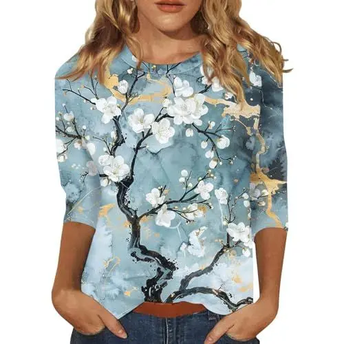 Produktbild: Sommer Arm Ärmel Damen Leinenhemd T-Shirts Kurzarm-Tunika-Oberteile Mit V-Ausschnitt Sommer Arm Ärmel Longshirt Damen Große Größen Gemusterte Tshirt Bunt Shirt Damenblusen 3/4 Arm Blusenshirt
