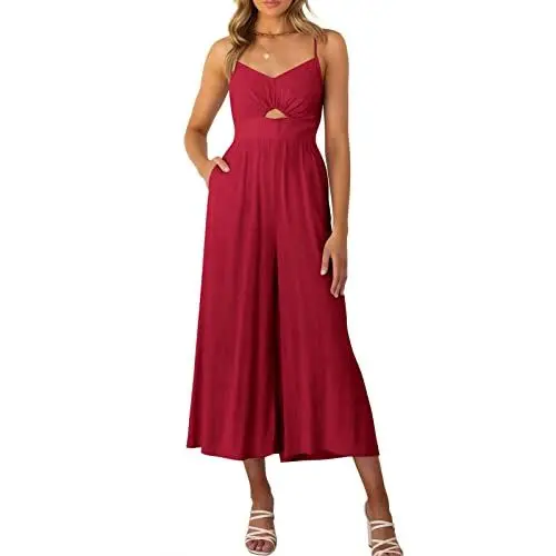 Produktbild: Sommer Damen Onesies und Strampler Ärmellose Overalls mit Verstellbaren Trägern und Taschen Strampler Breites Bein Lange Hosen Overalls V-Ausschnitt Strampler(XL-rot)