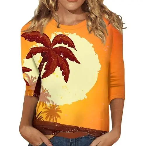 Produktbild: Sommer Kleidung für Damen Longshirt Damen Sommer Damen Shirt Elegant Tshirt Damen Oversize V Ausschnitt Print Shirts Damen Freizeitoberteile für Kinder Bunt Shirt 3/4 Arm Beige 4XL